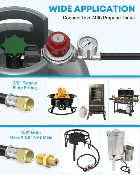 Adjustable 4 Ft Propane Regulator Hose Kit With Dual 0 To 30 PSI And 0 To 60 PSI Gauges Stainless Steel Three Eighths Inch Flare Fitting for Fire Pits