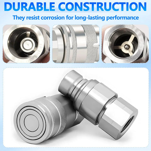 Flat-face hydraulic quick-connect couplers, 3/8 in NPT, silver metal with dust caps, ISO 16028, 2-set.