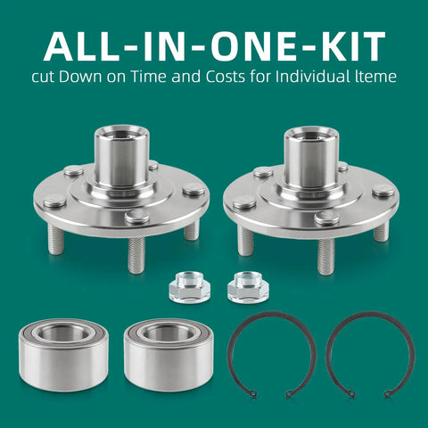 Front Wheel Hub Repair Kit For Dodge Caliber Jeep Compass Patriot Mitsubishi Lancer Outlander Sport 2007 Through 2017 SUV AWD Or FWD Ready To Roll 2 Pieces Replaces 510090 And BR930558K displayed with bearings, nuts, and rings.