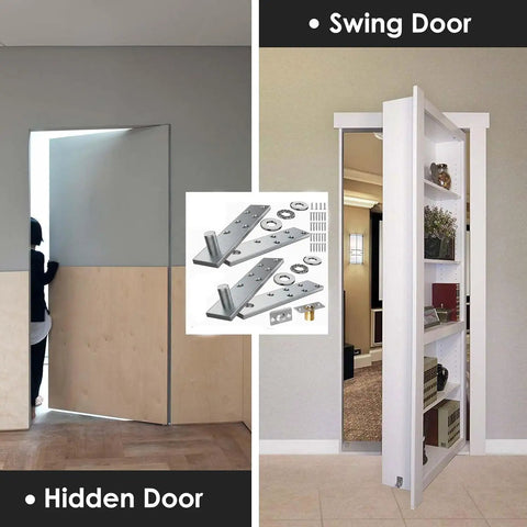 Hidden Door Pivot Hinge 360 Degree Stainless Steel Heavy Duty 300lbs Capacity installation in bookcase and concealed door setup