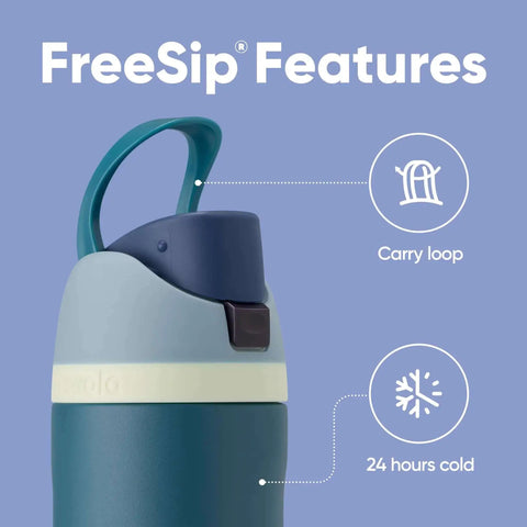FreeSip Insulated Stainless Steel Water Bottle With Straw And Locking Push Button Lid BPA Free, 24 oz denim color, features diagram