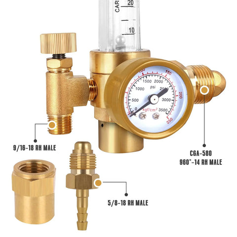 Argon CO2 TIG MIG Welding Gas Regulator and Flow Meter with CGA 580 Inlet showing gauge and connections for precise control