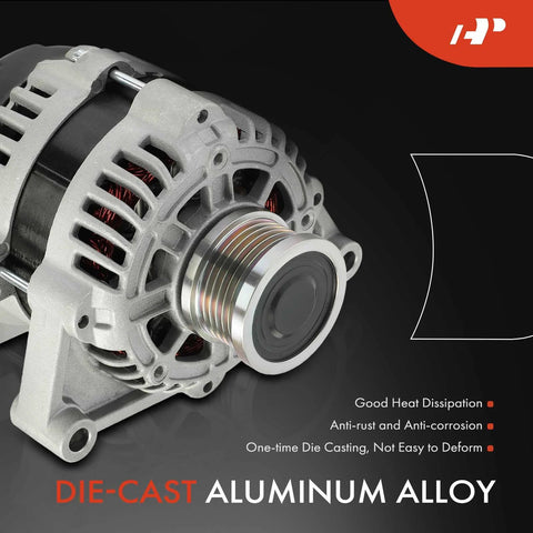 Die-cast aluminum alternator for Chevrolet Sonic 2012-2020, 1.4L, 12V 100A, six groove pulley, clockwise rotation.