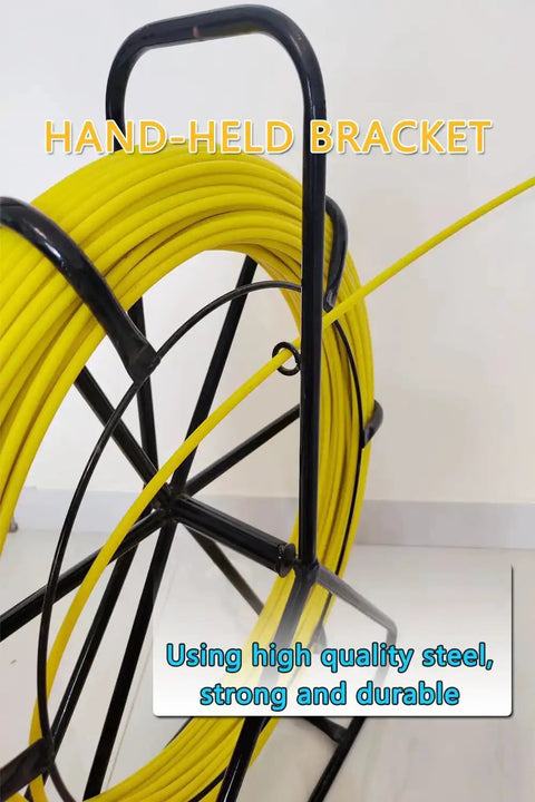6Mm Fiberglass Fish Tape With Steel Reel Stand, 200M Duct Rodder Wire Puller coiled on durable steel frame, close-up view