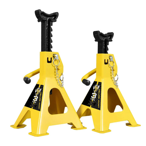 3 Ton Heavy Duty Car Jack Stands With Double Locking And Large Foot Base For SUVs, yellow steel with black saddle.