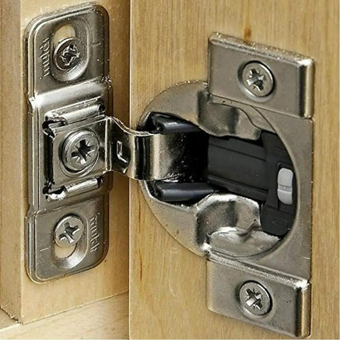 Soft Close No Hassle Compact 38B Face Mount Hinges With Built In Bluemotion One And Three Eighths Inch Overlay 107 Degree Opening Adjustable Side Height And Depth Nickel Finish Includes 4 Hinges And 8 Screws Blum installed on wood cabinet