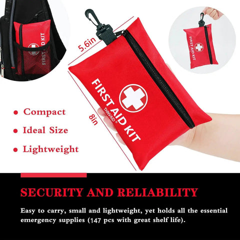 Compact 147 Piece First Aid Kit With Rotatable Buckle For Cars Travel Camping Hiking And More Waterproof Case in hand