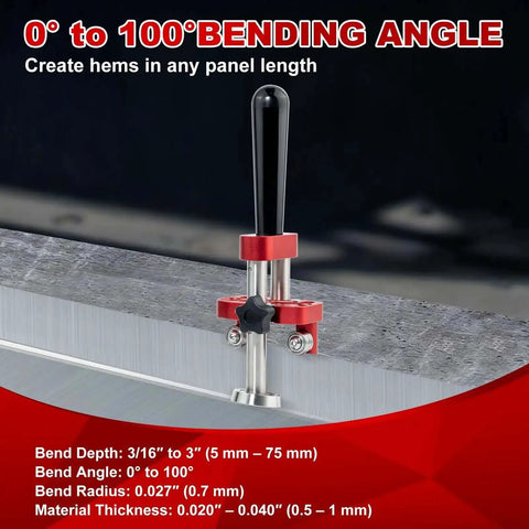 Onsite Sheet Metal Bender And Roller For Roofing Pros, Easy Flexible 0 To 100 Degree Bend Range, showing tool and bending specs