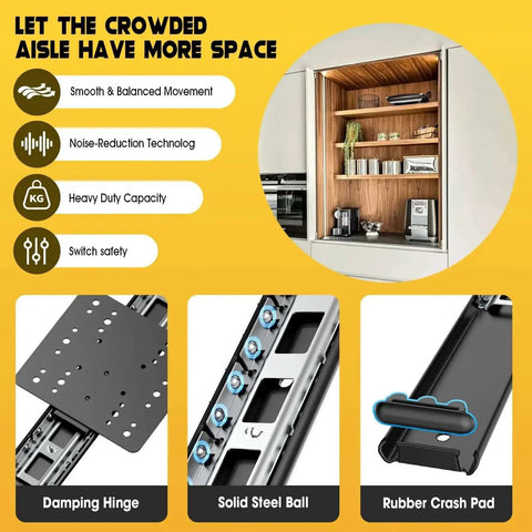 Heavy Duty Pocket Door Hardware Kit with DIY Friendly Hidden Sliding System and Pivot Hinges for recessed wardrobe and kitchen doors.