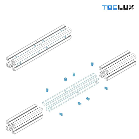 Illustration of the Eight Pack 2020 Extrusion Straight Connectors for 8020 Aluminum Profiles with screws and brackets layout