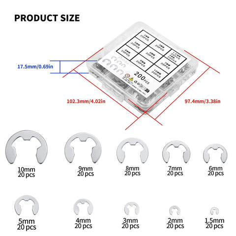 Premium Stainless Steel E Clips Kit With 200 Pcs External Circlips 10 Sizes From M1.5 To M10 Dope Retaining Rings Set