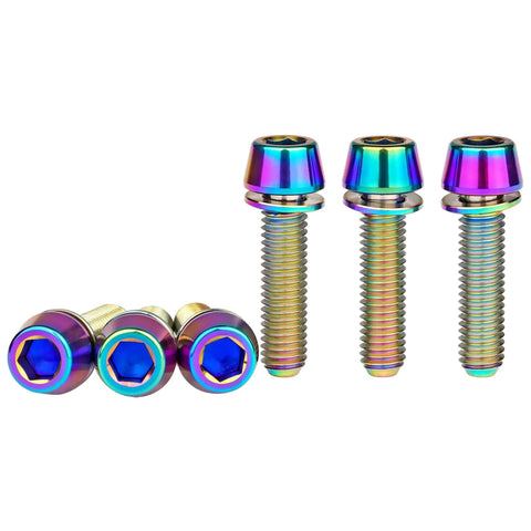 Rainbow finish titanium bicycle stem bolts with washers M5x18mm Allen hex heads, 4mm wrench size, pack of 6 for road and mountain bikes.