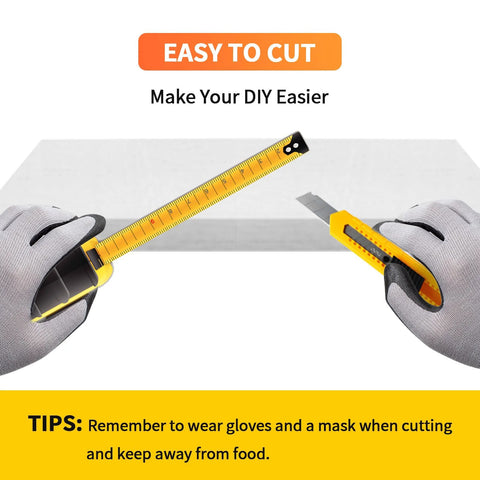 Ceramic fiber blanket insulation being cut to size with a yellow utility knife; gloved hands hold a tape measure.