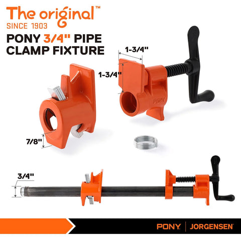 PONY 2-pack pipe clamp fixtures for 3/4 in black pipe; orange plastic bodies with metal screws.