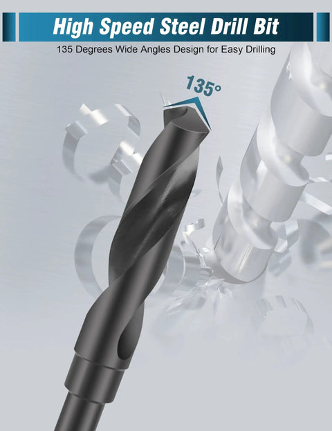 Close-up view of high-speed steel drill bit with 135-degree tip angle for easy drilling, showcasing its spiral design and cutting feature.