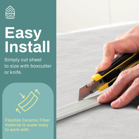 Ceramic fiber insulation sheet, 1 in thick x 15 in x 24 in, shown being cut with a utility knife.