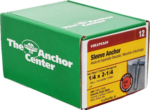 Box of Hex Head Sleeve Anchor Set One Quarter By Two And One Quarter Inch Forty Pack For Concrete And Masonry Expansion Type Fasteners