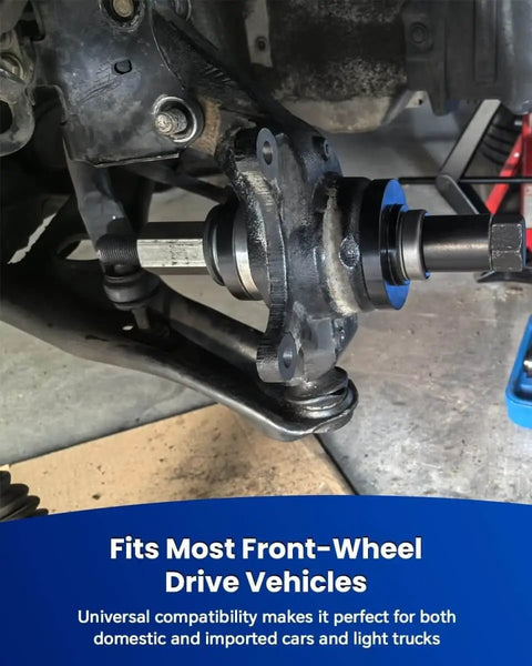 19 Piece Universal Front Wheel Drive Bearing Puller Kit for front wheel hub removal installed on a vehicle.
