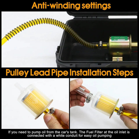 Portable 12V Fuel Transfer Pump Kit With 30 GPH Flow For Cars Boats And Heavy Equipment shown with flexible fuel line and filter installation