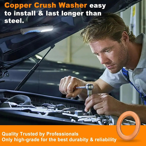 Mechanic using Pro Grade Copper Crush Washer Set 200Pcs Nine Sizes Metric Sealing Washers for automotive repair.