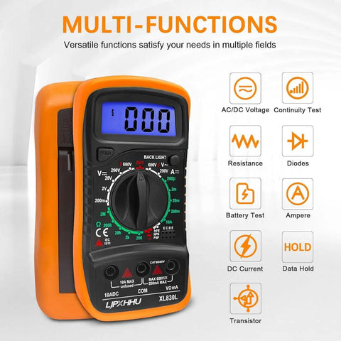 Digital Multimeter Voltmeter And Battery Tester With Backlit LCD For AC DC Voltage DC Current Resistance Continuity Diode Transistor HFE Test And Car Battery Check Includes Test Leads, front view with functions displayed.