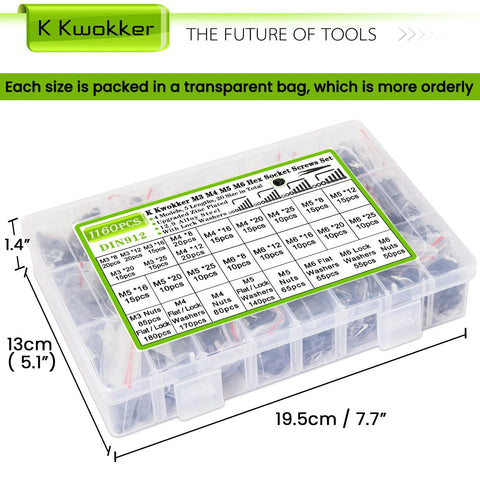 1160Pcs Metric Bolts And Nuts Kit With M3 M4 M5 M6 Hex Socket Head Cap Screws in labeled transparent storage box
