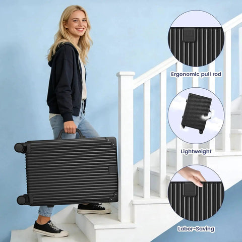 Woman carrying 20 Inch Carry On Luggage With Aluminum Frame Zipperless Hard Shell And Spinner Wheels up stairs