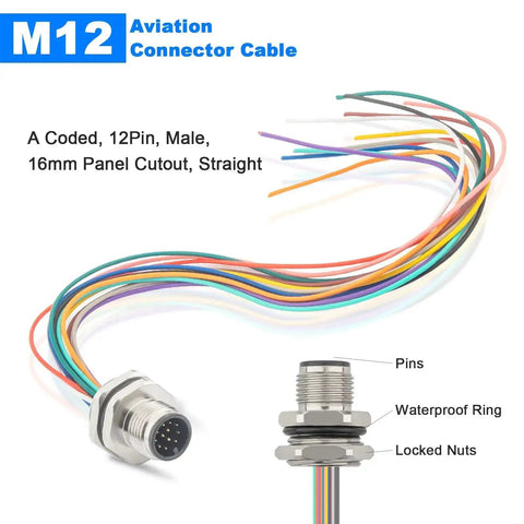 Unshielded M12 12-Pin A-Code Connector Cable, 0.2M Straight Back-Mount, multicolored wires, IP67 waterproof aviation sensor lead