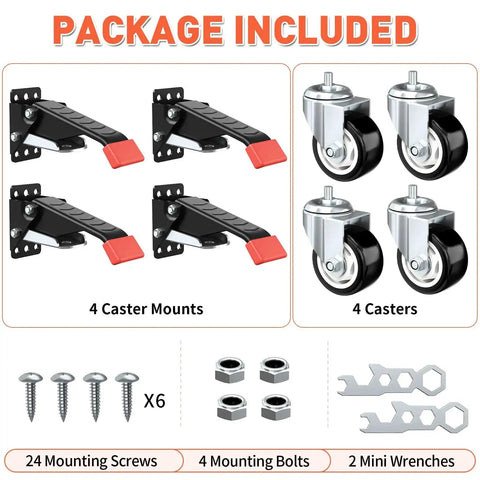 Package contents of 4 Pack 3 Inch Heavy Duty Retractable Workbench Casters Kit with mounts, casters, screws, bolts, and wrenches.