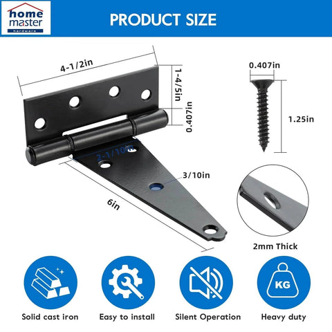 6-Inch T-Strap Heavy-Duty Shed Door Hinges Black Tee Hinge For Wooden Fences Yard Doors Barn Gates Rustproof Wrought Iron