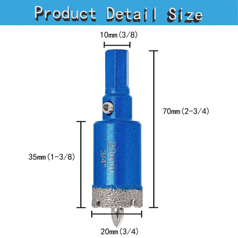 Three Quarter Inch Diamond Core Drill Bits Vacuum Brazed Hole Saw With Pilot Triangle Shank For Ceramic Tile Glass Concrete Porcelain And Granite Pack Of Two ChilternCasa, showing dimensions