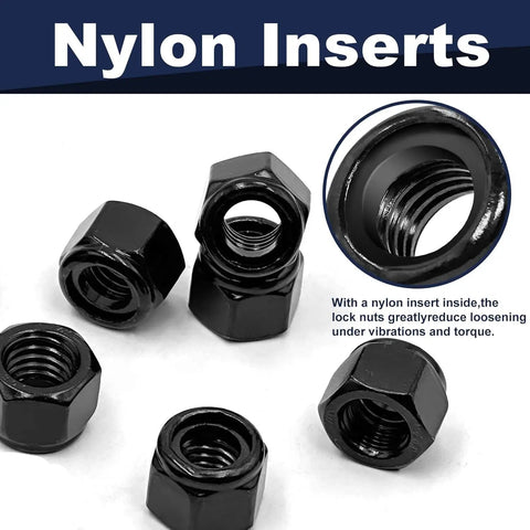 Quarter Inch Twenty Nylon Insert Lock Nuts 65 Pieces Black Oxide 304 Stainless Steel Nylock Nuts With Coarse Thread for Anti Loosening in Mechanical and DIY Projects by ZQZ shown in detail.