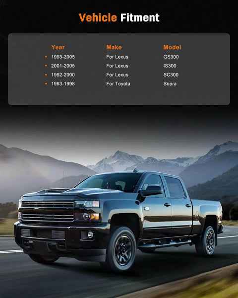 Truck driving with vehicle fitment chart for Lexus GS300 1993-2005, IS300 2001-2005, SC300 1992-2000, and Toyota Supra 1993-1998.