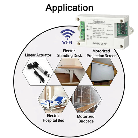 Diagram showing DC7-32V WiFi Smart Linear Actuator Controller applications for desks, screens, beds, and birdcages.