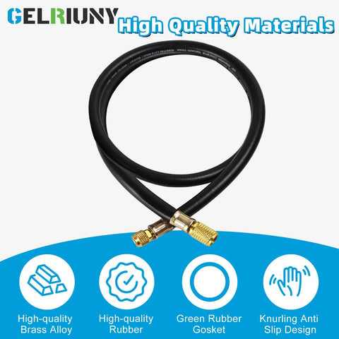 GELRIUNY HV1S 3/8 in heavy-duty charging vacuum hose, 5 ft, black rubber with brass 3/8–1/4 fittings.