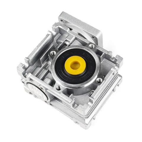 Top view of NMRV030 Worm Gearbox Square Type Speed Reducer For NEMA23 Stepper Or Servo Motors, 50 to 1 ratio, silver aluminum alloy.