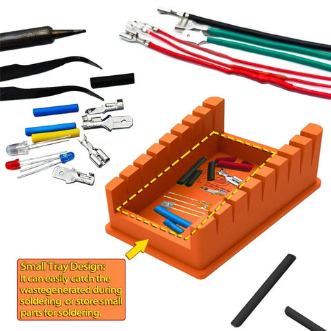 Silicone Soldering Wire Holder With 30 Piece Heat Shrink Tubing Kit, Helping Hands Soldering Stand, 8 Slot Iron Stand For 32 AWG To 12 AWG Wire Welding Fixture, Includes 2 Solder Sponges And Anti Slip Base with small parts and wires on orange tray.