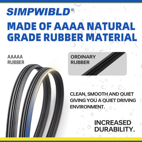 Premium Replacement Wiper Blades Set For Ford F 150 GMC Yukon Ram 1500 22 Inch Front Windshield U J Hook 2 Pack OEM Quality Built To Last In All Weather And Aerodynamic material comparison showing AAAA natural grade rubber against ordinary rubber.