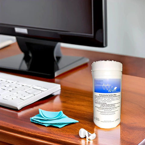 Hearing Aid Cleaning Towelettes Kit With 160 Wipes And Battery Keychain on desk near computer