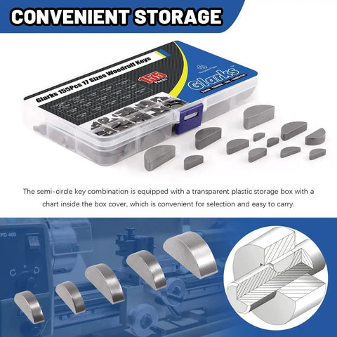 Woodruff Key Set, 17 Sizes, 155-Piece Carbon Steel Semi Circular Keys For Fasteners, Machinery And Auto Projects in plastic case