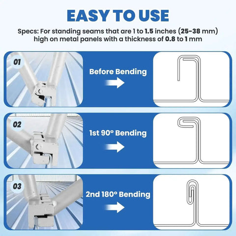 Steps for using Heavy Duty 2-In-1 Hand Seamer For Sheet Metal Bending, Dual-Angle 90 Degree To 180 Degree Seaming Tool in roofing.