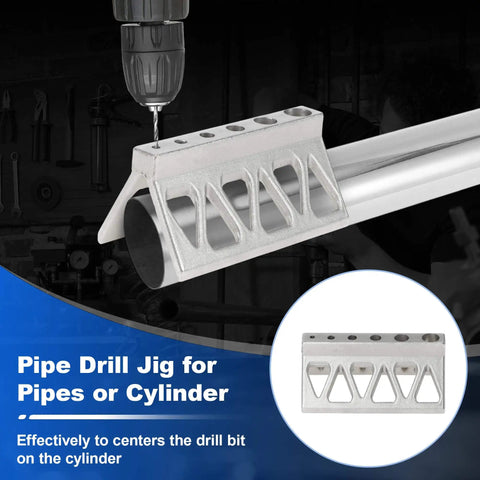 A handheld pipe drill jig that centers the bit on pipes and cylinders, prevents wandering, and delivers precise, repeatable holes.