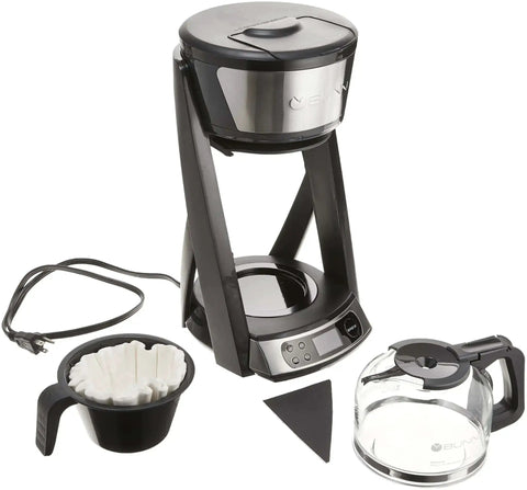 Heat N Brew 10 Cup Programmable Coffee Maker with stainless steel finish, showing coffee maker, carafe, filter basket, and cord