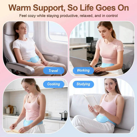 Women using Cordless Portable Heating Pad For Period Cramps On The Go in different daily activities, illustrating versatility.