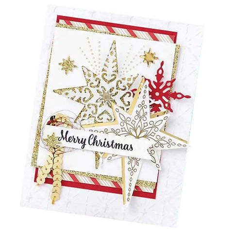 Must Have Christmas Scrapbooking Die Cuts Set With Metal Cutting Dies for card making, featuring gold and red stars on a Merry Christmas card.