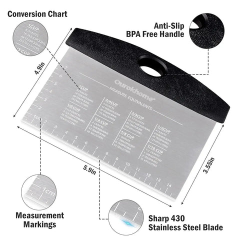 Stainless Steel Dough Pastry Bench Cutter Scraper Two Pack For Kitchen Baking With Laser Engraved Measuring Scale And Conversion Chart