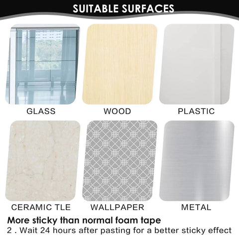 Suitable surfaces for self adhesive cabinet handles: glass, wood, plastic, ceramic tile, wallpaper, metal.