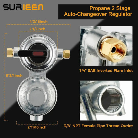Two Stage Auto Changeover Propane Regulator For RVs Campers And Trailers Keeps Gas Pressure Steady Across Two Tanks with dimensions.