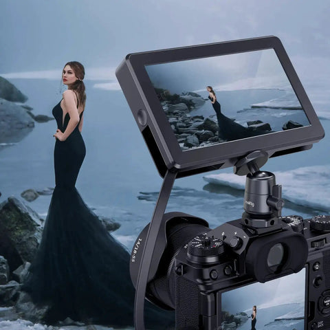 Camera setup with Two Pack Pro Grade Mini Ball Head With One Quarter Inch Screw And Removable Shoe Mount; model in black dress