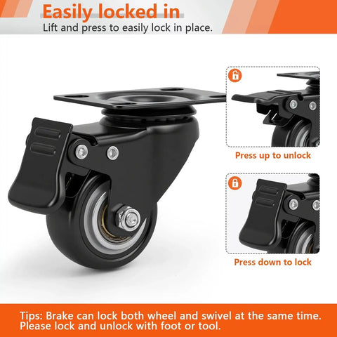 2 Inch Heavy Duty PU Caster Wheels Set of 4 With 2 Swivel Casters With Brakes and 2 Fixed Non-Marking Plate Casters for Furniture